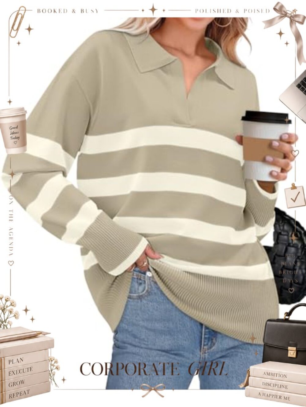 Women's Long Sleeve V Neck Striped Oversized Knit Pullover Sweater